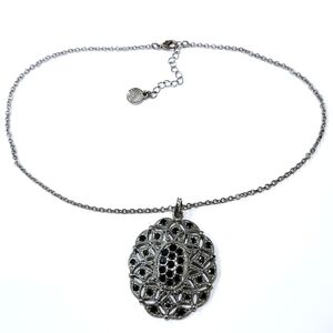 Silver Toned Faux Marcasite Large Oval Pendant Necklace Liz Claiborne